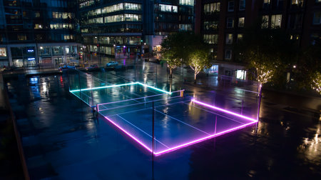 Colorful illuminated tennis courts reflect in the wet pavement at night in an urban settingの素材