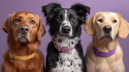 Three dogs with different fur colors pose together in a studio setting against a purple backgroundの素材