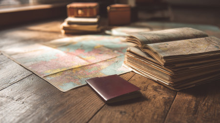 Planning a journey with maps and travel documents spread on a wooden floorの素材