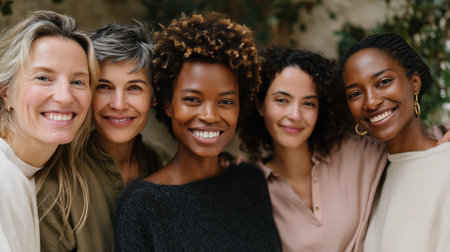 Five women smiling and posing together in a natural, relaxed setting during daylightの素材