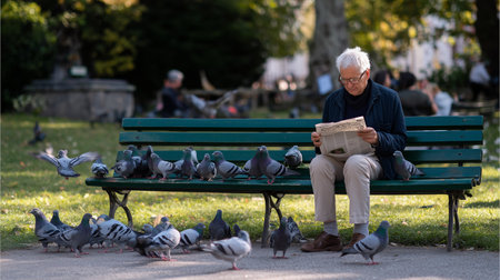 Man reading newspaper on a park bench surrounded by pigeons during a sunny dayの素材
