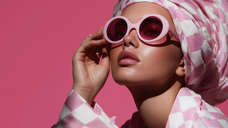 Model poses in stylish outfit with pink background and sunglasses during a fashion shootの素材