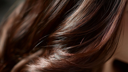 Gorgeous wavy brown hair shines under soft lighting in a cozy settingの素材