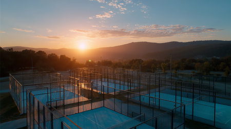Sunrise over empty pickleball courts in a serene outdoor park settingの素材