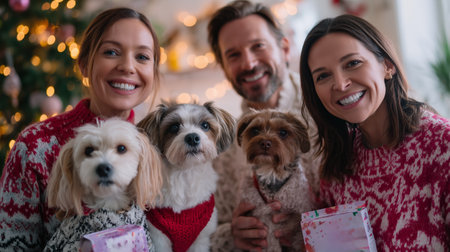 Happy family celebrating Christmas with their dogs in cozy surroundingsの素材