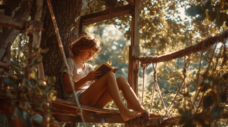 Young girl reading a book in a treehouse surrounded by nature on a sunny dayの素材