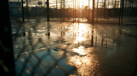 Reflections of sunlight on a wet court surface during sunset near a fenced areaの素材