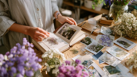 Exploring natures beauty through pressed flowers in a cozy workspace filled with memoriesの素材