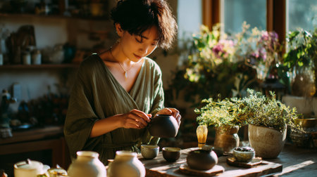 Crafting tea in a cozy herbal workshop during golden hourの素材