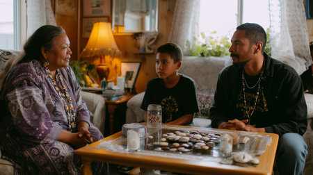 Engaging conversation among three generations in a cozy living room settingの素材