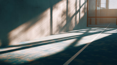 Sunlight casting shadows on the floor of an indoor sports facility during late afternoonの素材