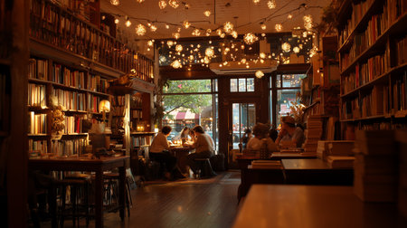 Cozy cafe inside a bookstore with warm lights and people reading in the eveningの素材