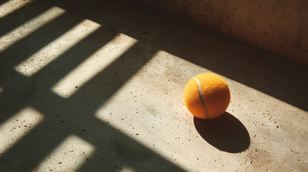 Bright orange tennis ball resting on a concrete surface with shadows from nearby slatsの素材
