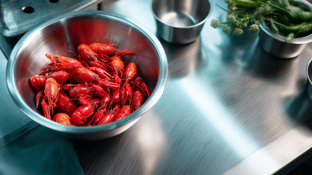 Fresh red crawfish ready for cooking in a modern kitchen setting during the dayの素材