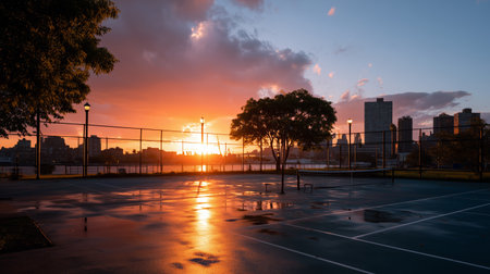 Sunset over an empty basketball court in the city near the riverの素材