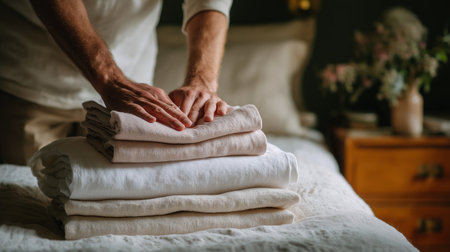 Neatly folding fresh linens on a bed in a cozy bedroom settingの素材