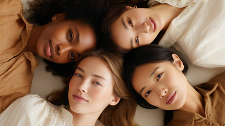 Group of four women sharing smiles and connection during a cozy indoor gatheringの素材