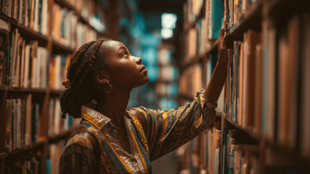 Young woman exploring books in a library during the afternoonの素材