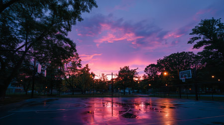 Vibrant sunset sky over empty basketball court after rain in urban parkの素材