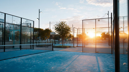 Sunset over padel courts in urban park creates serene evening atmosphereの素材