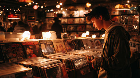 Young man browsing vinyl records in a cozy music shop filled with warm lightsの素材