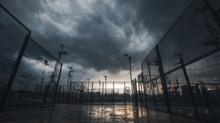 Dramatic skies over a sports court during twilightの素材