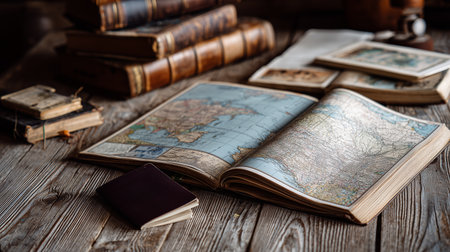 Old maps and books on wooden table create a cozy study atmosphere in afternoon lightの素材