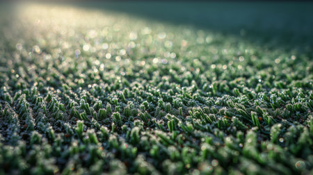 Morning frost glistening on artificial grass in early sunlightの素材