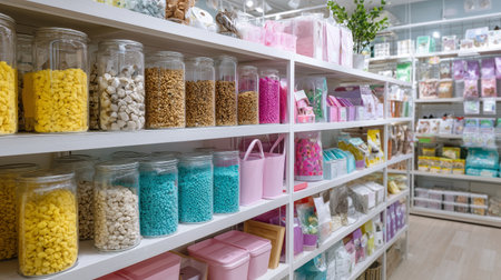 Colorful display of craft supplies in a modern store showcasing various materials and containersの素材
