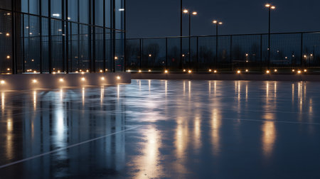 City basketball court under evening lights after rainの素材