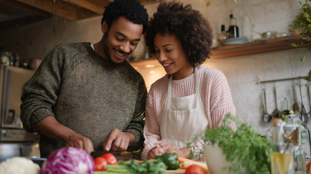 Couple cooking together in a cozy kitchen surrounded by fresh vegetablesの素材