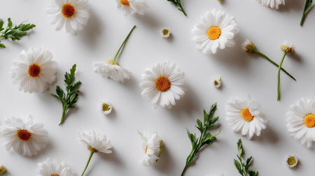 White daisies and green leaves scattered on a light background in a creative arrangementの素材