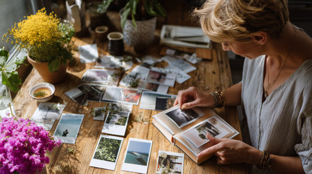 Exploring memories through a collection of photos on a wooden table in a cozy roomの素材