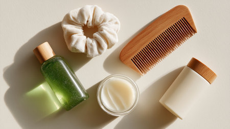 Beauty products arranged neatly on a light surface with hair accessoriesの素材