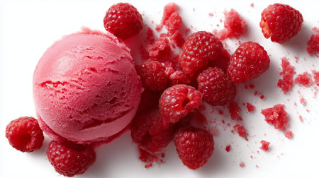 Raspberry sorbet served with fresh raspberries on a bright white backgroundの素材