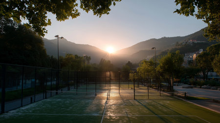 Stunning sunrise over tennis courts with mountains in the backgroundの素材