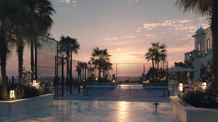 Tennis court at sunset with palm trees and beautiful scenery in a luxury resortの素材