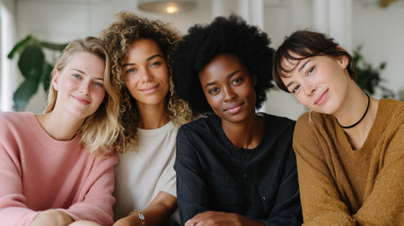 Group of four diverse women enjoying a moment together in a cozy, bright spaceの素材