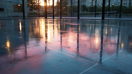 Reflection of a sunset on a wet sports court after rainfall in an urban settingの素材