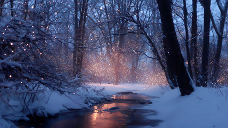 Snowy forest scene with glowing lights by a quiet stream during twilightの素材