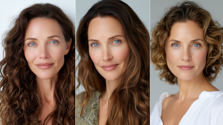 Beautiful woman with different hairstyles poses for a portrait in a studio settingの素材
