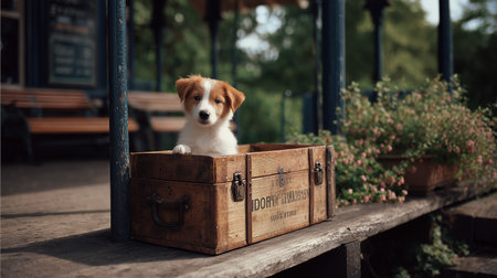 Cute puppy peeks out from wooden box on sunny porch in a peaceful countryside settingの素材