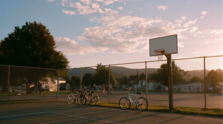 Bicycles parked near a basketball court during sunset in a quiet neighborhoodの素材