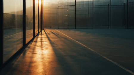 Reflection of sunset casts long shadows on court surface in evening lightの素材