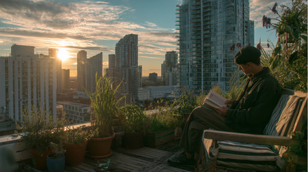 Reading on a rooftop with a sunset view over a city skyline in the eveningの素材