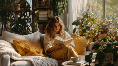 Cozy reading time in a sunlit living room filled with plants and warm decorの素材