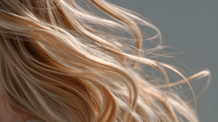 Beautiful golden blonde hair flowing in gentle waves against a neutral backgroundの素材