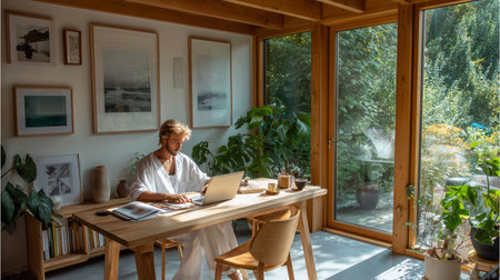 Focused work in a sunlit home office surrounded by greenery and natural lightの素材