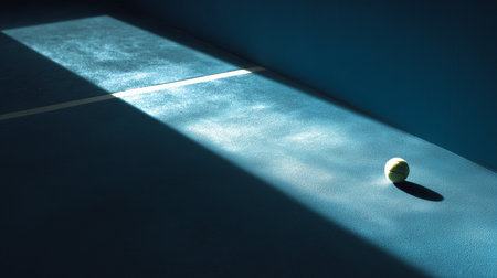 Bright beam of light highlights a tennis ball on a blue court during a quiet momentの素材