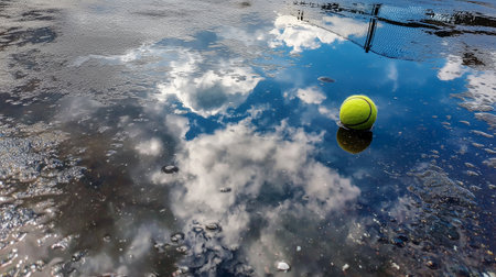 Tennis ball on wet court reflects clouds and blue sky after a rain showerの素材
